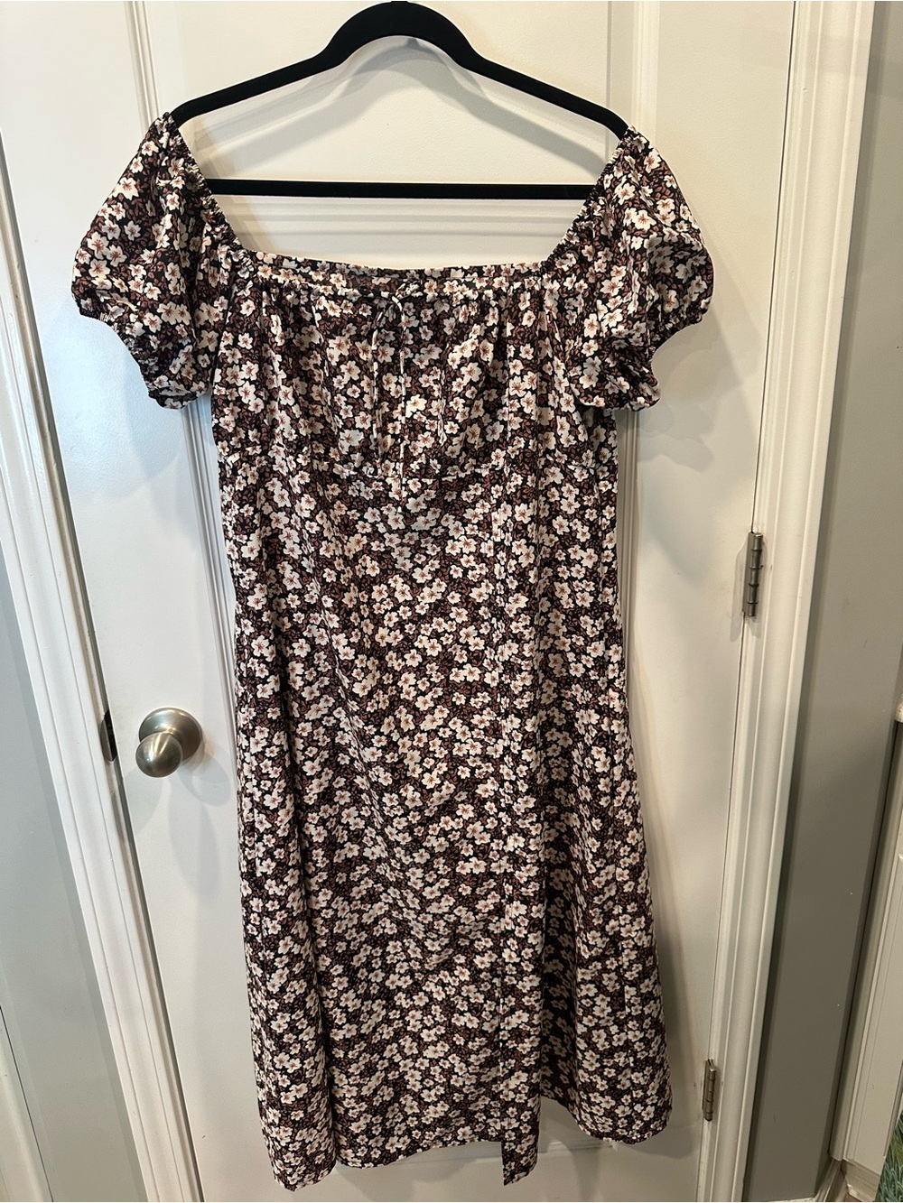 Off-Shoulder Floral Midi Dress in Brown and Cream